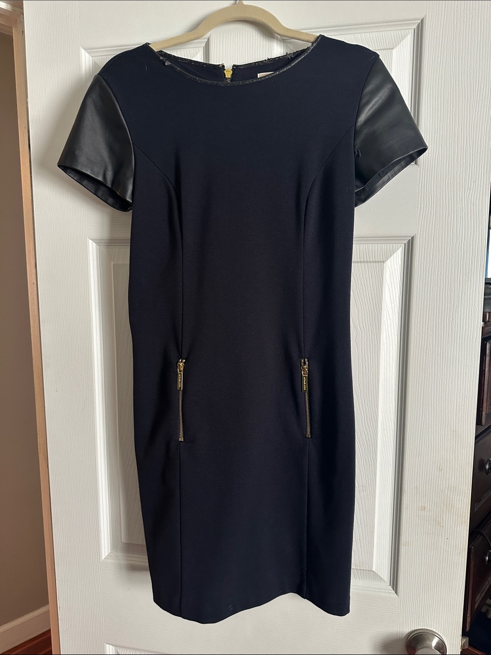 MICHAEL Michael Kors Black Shift Dress with Faux Leather Short Sleeves